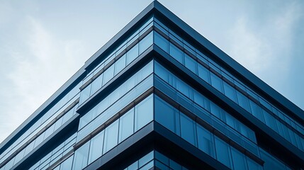 Close-Up of Glass and Steel Corner Edge of Office Building in Dark Blue Color Scheme Against White Sky
