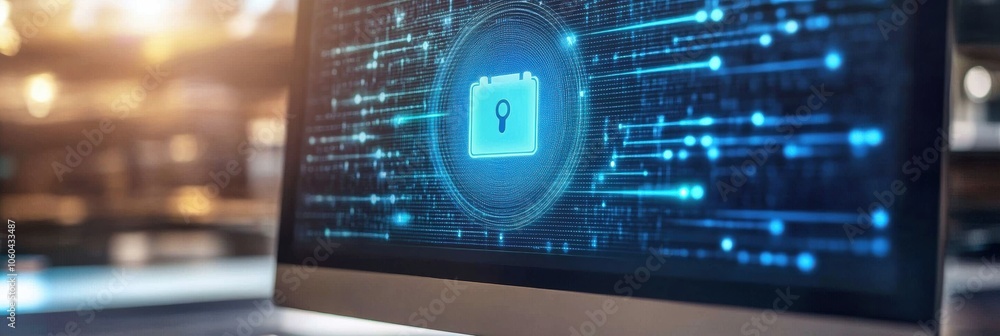 Aufkleber A computer screen features a protection icon, highlighting cybersecurity in a modern digital workspace environment. Generative AI