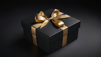 Black gift box with golden ribbon and bow. Minimalist style. Luxury and celebration concept. For banner, card, flyer, poster, advertising, design.