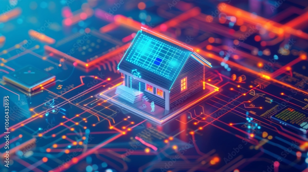 Poster glowing circuitry powers a modern smart home, showcasing innovative technology and automation in a f
