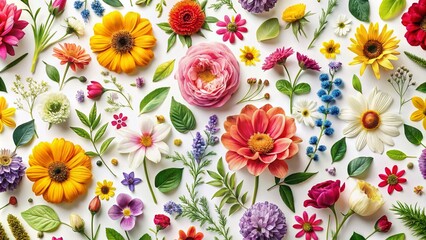 Boho Floral and Foliage Pattern - Colorful Spring Summer Elements on White Background for Vibrant Home Decor and Design Inspiration