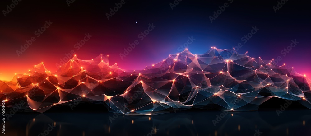 Aufkleber abstract digital landscape with glowing nodes and flowing lines against a gradient background.