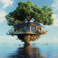 Obraz premium House on a tree in the middle of the sea