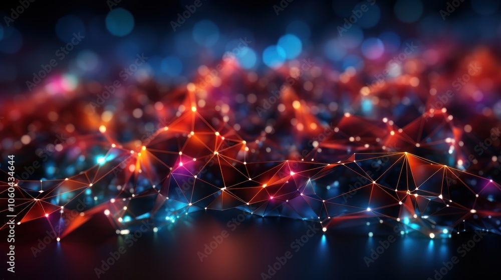 Poster A vibrant abstract representation of interconnected nodes and lights, symbolizing data networks.