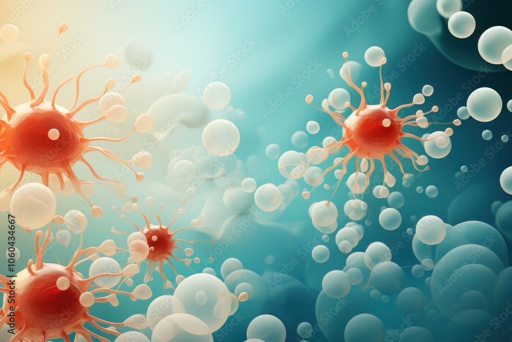 Poster abstract representation of microorganisms in a colorful, fluid environment.