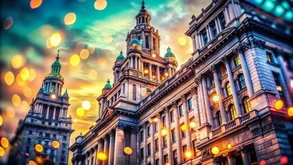 Obraz premium Bokeh Effect on Manhattan Municipal Building Facade - Vintage Architectural Marvel, Historic Landmark, Cityscape, Urban Exploration, New York City Aesthetic, 