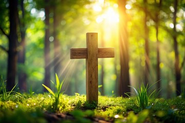 Bokeh Effect Wooden Anonymous Cross in Nature, Spiritual Symbolism, Rustic Decor, Peaceful Atmosphere, Outdoor Serenity, Unique Art, Natural Wooden Texture, Abstract Backgrounds, Faith and Reflection