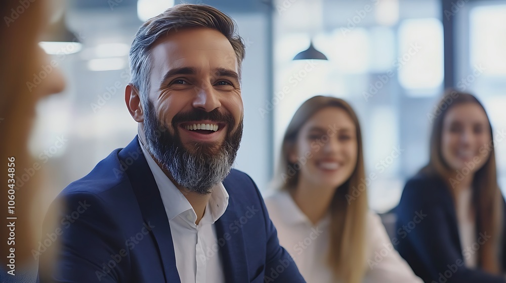 Poster smiling businessman in meeting smooth blue background with copy space for advertisements