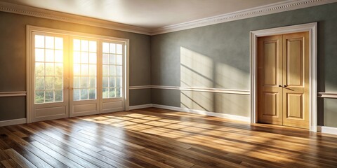 Obraz premium Sunbeams illuminating a room with hardwood floors and a white door leading to an outside view