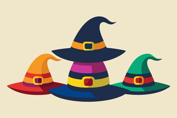  Set of colorful Halloween hat and witch cap icons. Vector illustration