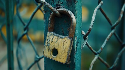 Old Rusty Padlock on a Chain Link Fence