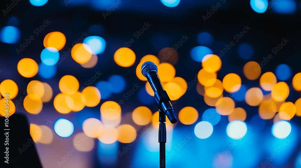 Poster microphone on a stand smooth blue background with copy space for advertisements