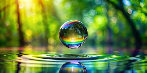 A single iridescent water droplet, reflecting a verdant landscape, pauses mid-air above a shimmering, concentric ripple pattern on a tranquil water surface.