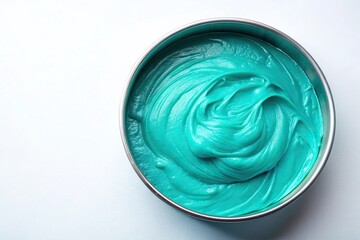 A pool of turquoise slime sits in a shallow metal pan on an isolated white surface, kitchenware, science experiment gone wrong, slimy substance, turquoise slimes