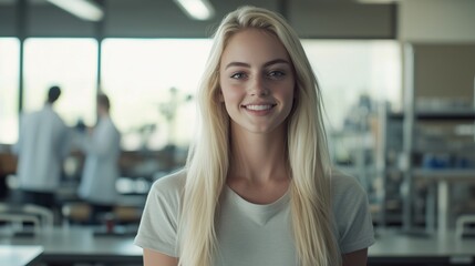 Obraz premium A Young Woman With a Bright Smile in a Modern Laboratory Environment is Working Actively