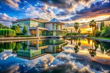 Fototapeta premium Breathtaking Architectural Marvel Over Water - Stunning Landscape Photography of Futuristic Building Reflecting in Serene Waters, Captivating Nature and Man-Made Design Harmony