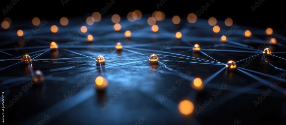 Poster a network of glowing nodes connected by lines, symbolizing connectivity and technology.