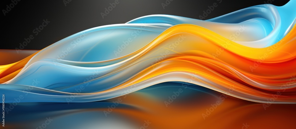 Poster abstract flowing waves in blue, orange, and white, creating a dynamic visual effect.