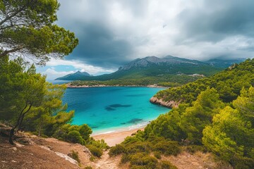 Aerial - calm turquoise water lagoon near ancient cave system, Mallorca. Beautiful simple AI generated image