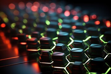 A close-up view of a hexagonal pattern with glowing edges in a futuristic design.