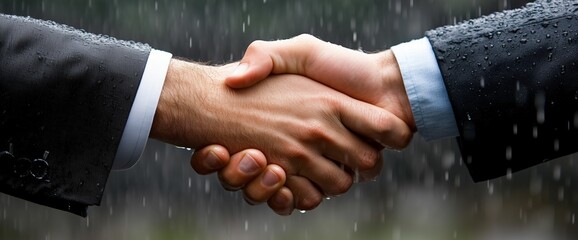Handshake in the Rain, Symbolizing Perseverance - Two professionals shaking hands in the rain, symbolizing resilience, commitment, and perseverance.