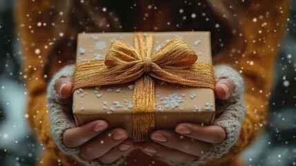 Woman’s hands holding a beautifully wrapped gift box with an elegant gold ribbon against a warm background