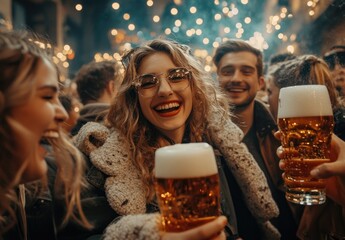 A group of friends taking selfies with the front-facing camera, smiling and holding beer mugs at an outdoor bar