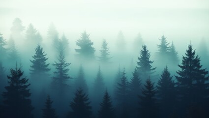 The pine forest in the valley in the morning is very foggy, the atmosphere looks scar
