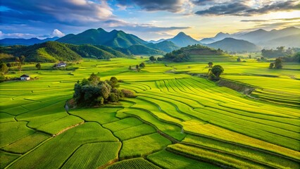 Fototapeta premium Breathtaking Drone View of Lush Rice Fields Under Blue Sky - A Serene Landscape Experience