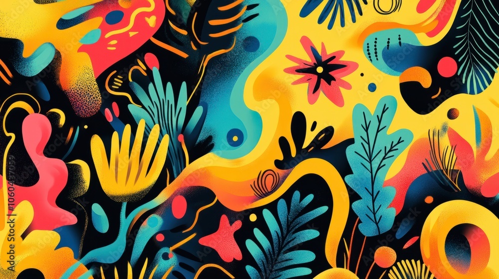 Poster digital artwork with funky, psychedelic colors and abstract retro patterns