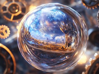 A crystal ball reflecting a surreal landscape with a tree, gears, and a cloudy sky.