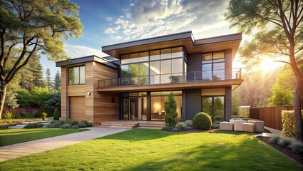 Obraz premium Modern Home with a Wooden Exterior and Expansive Windows, Surrounded by Lush Green Trees and a Well-Maintained Lawn