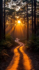 Obraz premium A winding path through a forest at sunset, illuminated by golden rays of light.