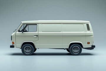 A side view of a classic van, showcasing its simple design and vintage style.