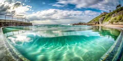 Fototapeta premium Breathtaking long exposure captures azure ocean waves and a picturesque sandy sea floor, complemented by the serene vista of an isolated swimming pool.