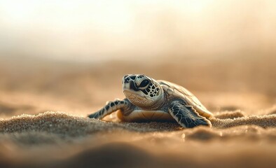 Fototapeta premium A close-up shot of an adorable little baby turtle on the sandy beach