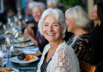A group of happy senior friends is sitting at an outdoor dining table, enjoying their time together during the summer season