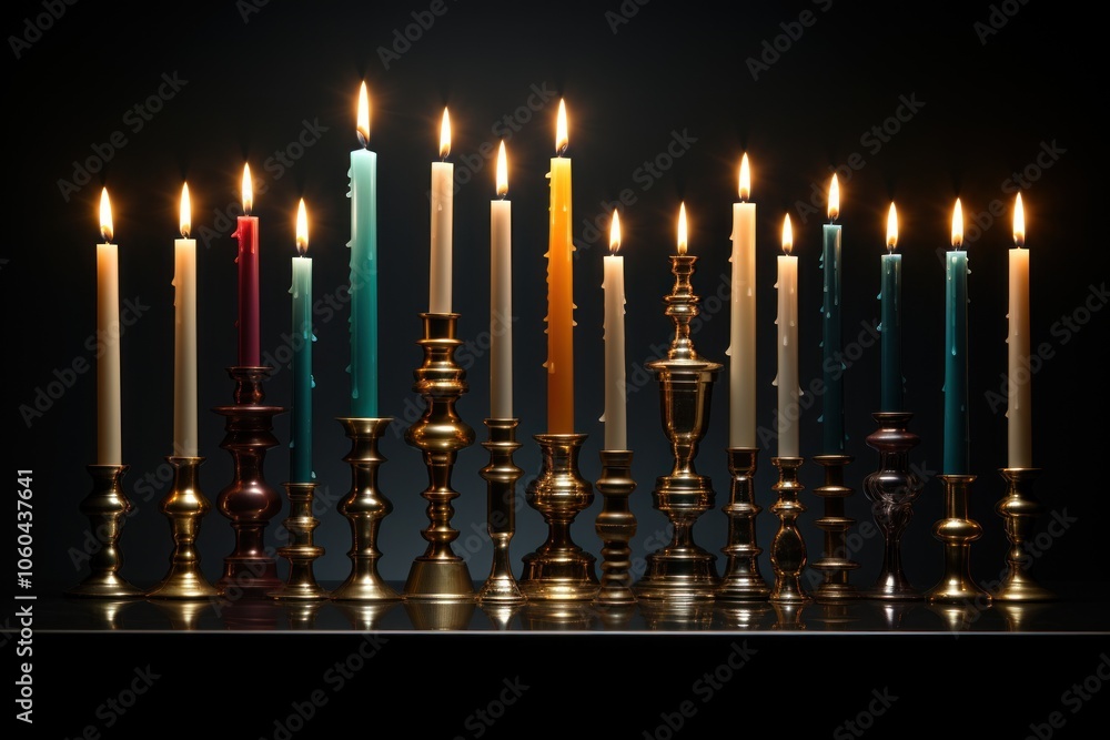 Poster a collection of lit candles in ornate holders, creating a warm and inviting atmosphere.