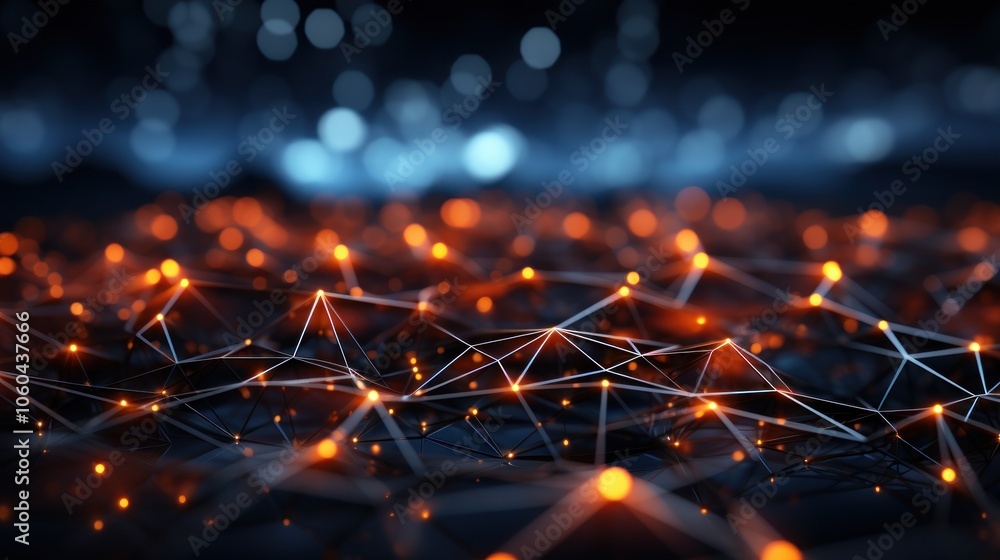 Poster abstract digital landscape with glowing nodes and interconnected lines.