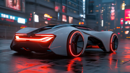 Minimalist 3D model of a futuristic car in a neon-lit city