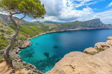 Fototapeta premium Aerial - calm turquoise water lagoon near ancient cave system, Mallorca. Beautiful simple AI generated image
