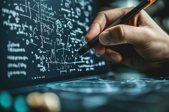 Hand Drawing Mathematical Graphs on a Digital Board
A hand with a pen drawing mathematical graphs and formulas on a glowing digital interface.