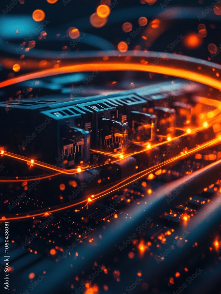 Poster illuminated network cables connect to a router, creating an abstract glow that highlights the intric