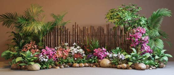 Fototapeta premium A vibrant display of tropical flowers and lush greenery set against a bamboo backdrop in a tranquil indoor environment