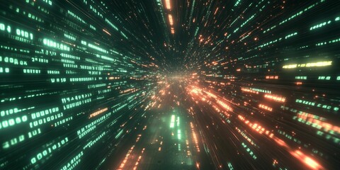 Naklejka premium Green and Orange Digital Light Streams in Motion A futuristic visualization of green and orange digital light streams moving dynamically through cyberspace.