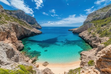 Fototapeta premium Aerial - calm turquoise water lagoon near ancient cave system, Mallorca. Beautiful simple AI generated image