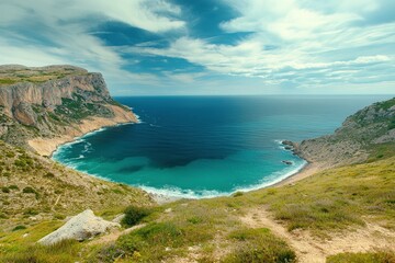 Obraz premium Aerial - calm turquoise water lagoon near ancient cave system, Mallorca. Beautiful simple AI generated image