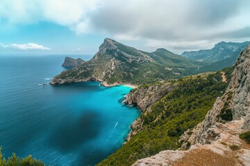 Obraz premium Unterwegs zu dem Highlight auf der wunderschönen Balearen Insel Mallorca - Cap de Formentor - Spanien. Beautiful simple AI generated image