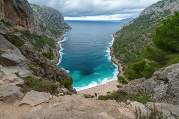Fototapeta premium Mallorca, Capdepera, Cala Mesquida-Cala Agulla, Wanderweg, wandern, Tour. Beautiful simple AI generated image