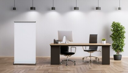 Modern office workspace with pull-up banner and desk. 3D Rendering